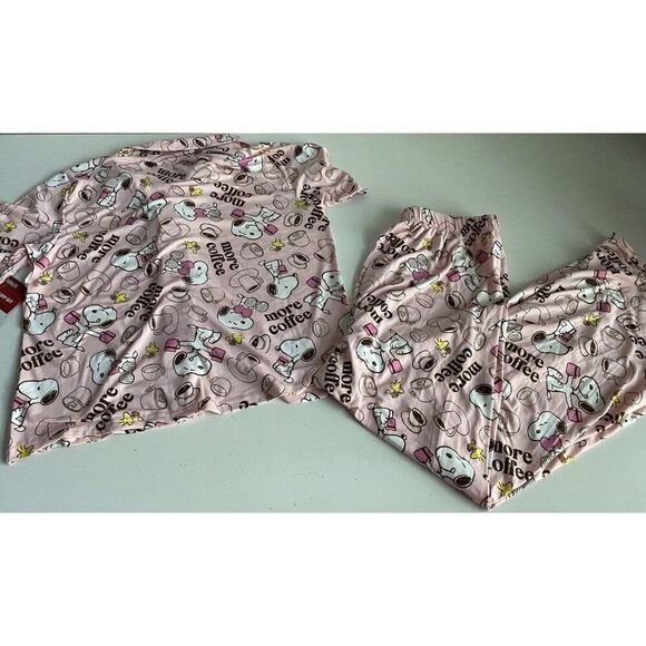 Peanuts SNOOPY Pink Women’s Sz L Pajama PJ Set Pants Short Sleeve More Coffee - Picture 10 of 12